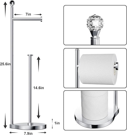 Toilet Paper Holder for Bathroom, Heavy Weighted Metal Free Standing Toilet Paper Storage with Crystal Ball, Toilet Paper Stand for Bathroom Accessories, Polished Chrome [Holds MEGA Rolls]