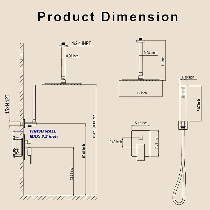 Ceiling Mount Shower System, Gold Shower Faucet Set with 12-Inch Rain Showerhead and Handheld Spray Combo, High-Pressure Showerheads Set with Valve and Trim Kit, Brushed Gold