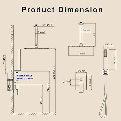 Ceiling Mount Shower System, Shower Faucet Set with 12-Inch Rain Showerhead and Handheld Spray Combo, High-Pressure Showerheads Set with Valve and Trim Kit, Brushed Nickel