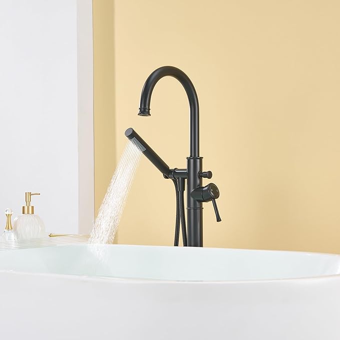 Free Standing Tub Faucet Black Freestanding Bathtub Faucet Floor Mount Brass Bathroom Tub Filler with Hand Shower
