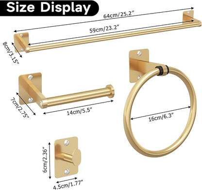 Bathroom Accessories Set, KLJKPA 4 Pieces Gold Bathroom Hardware Set, 24 inch Towel Bar, Towel Racks for Bathroom, Robe Towel Hooks, Toilet Paper Holder Wall Mounted