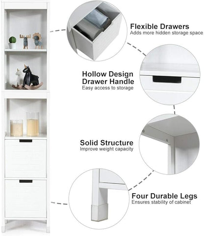 Tangkula Tall Bathroom Storage Cabinet, Freestanding 57" H Tall Slim Bathroom Floor Cabinet with 3 Tier Open Shelves and 2 Drawers, Multifunction Organizer Wooden Tower (White)