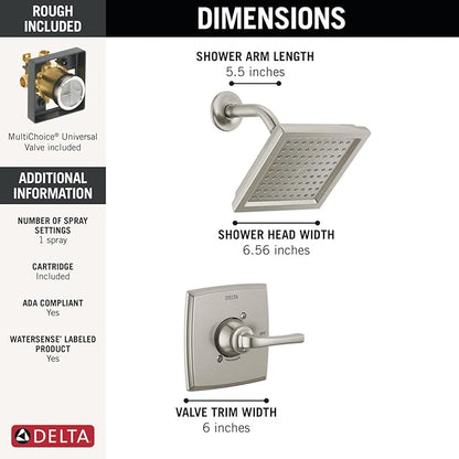 Delta Geist 14 Series Shower Faucet Set, Brushed Nickel Shower Head and Handle Set, Valve Trim Kit, SpotShield Brushed Nickel 142864-SP (Valve Included)