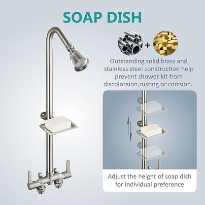 Aolemi Outdoor Shower Fixtures,Outdoor Shower Kit Faucet System 3 Inch Center with Showerhead 2 Handle Exposed Shower with Brass Mix Valve Pipe Downward with Soap Dish Brushed Nickel