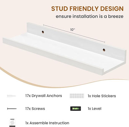 Axeman Picture Ledge Shelf, Floating Shelves for Wall Decor Storage Set of 6, 16 inch Floating Wall Mounted Shelves, Shelves with Lip for Living Room, Bedroom, Nursery, Bathroom, Kitchen, White