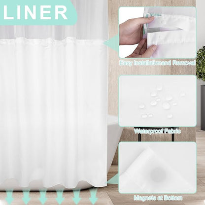 No Hook Shower Curtain Set with Snap in Fabric Liner for Bathroom,with See Through Top Window,Double Shower Curtain with Detachable Liner Replacement,Machine Washable,Simple Flowers,71"x 74"