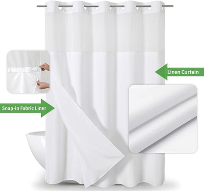 No Hooks Needed Linen Textured Shower Curtain with Snap-in Fabric Liner Set,White Hotel Luxury Decor Shower Curtains for Bathroom with Mesh Top Window,Waterproof & Washable,71Wx77H