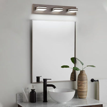 SineRise LED Modern Bathroom Vanity Light Fixtures (3-Light, 24-Inch, Dimmable), Brown Wood Painted Modern Acrylic Bathroom Wall Lighting Fixtures Over Mirror (Cool White 6000K)