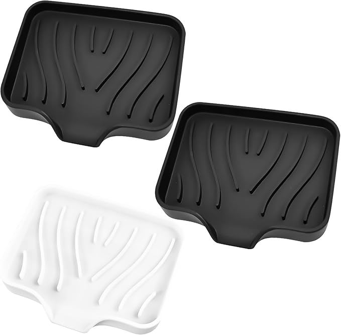 3 Pack Silicone Soap Dish with Drain - Bar Soap Holder for Shower, Bathroom and Kitchen Sink Organize (2Pack Black + 1Pack White)