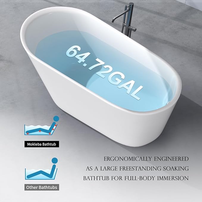 65" Acrylic Freestanding Bathtub, Single Slipper Free Standing Tub, Soaking Tub with Integrated Slotted Overflow, Toe-Tap Chrome Drain, cUPC Certified, Glossy White