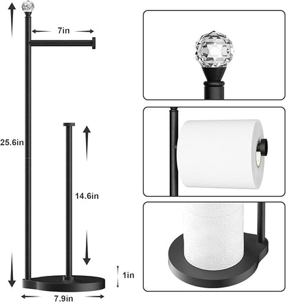 Toilet Paper Holder for Bathroom, Heavy Weighted Metal Free Standing Toilet Paper Storage with Crystal Ball, Toilet Paper Stand for Bathroom Accessories, Matte Black [Holds MEGA Rolls]