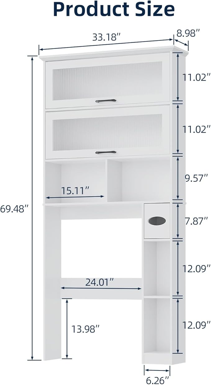 Over The Toilet Storage Cabinet with Transparent Door, Toilet Paper Storage Cabinet with Multi Layer Shelves Suitable for Bathroom, Laundry Room, Freestanding Bathroom Storage Rack,White