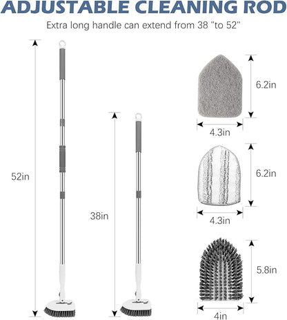 SetSail Floor Scrub Brush, 3-in-1 Tile Tub Floor Scrubber with 52-inch Adjustable Long Handle Shower Cleaner Brush and 3 Detachable Replacement Brush Heads for Cleaning Bathroom Tub Tile, White