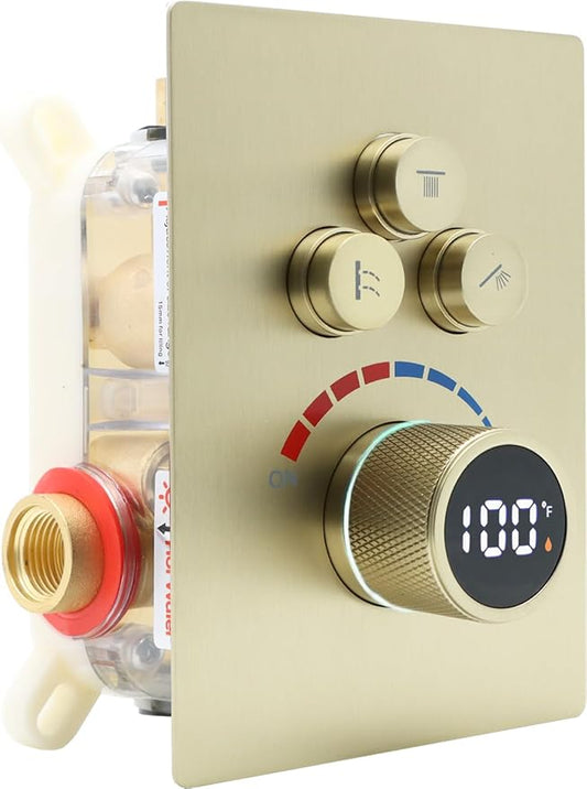 Digital Display Shower Valve Shower Valve 3 Way Shower Diverter Valve Shower Mixing Valve Can Use All the Time Brushed Gold