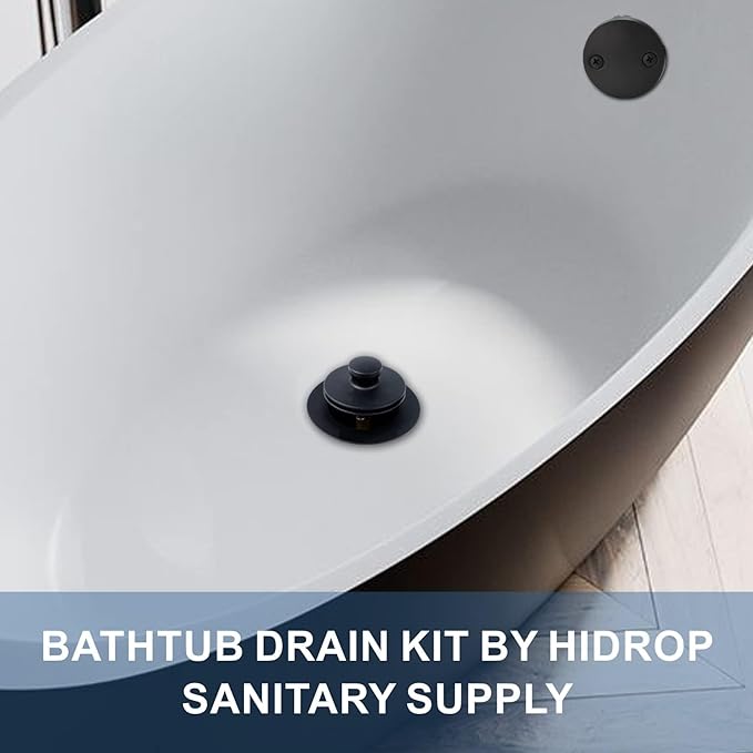 Black tub Drain Lift &Turn Tub Trim Set with Two-Hole Overflow Faceplate Conversion Kit Assembly, Hidrop Bathtub Drain Replacement Trim Kit and Universal Fine/Coarse Thread, Matte Black