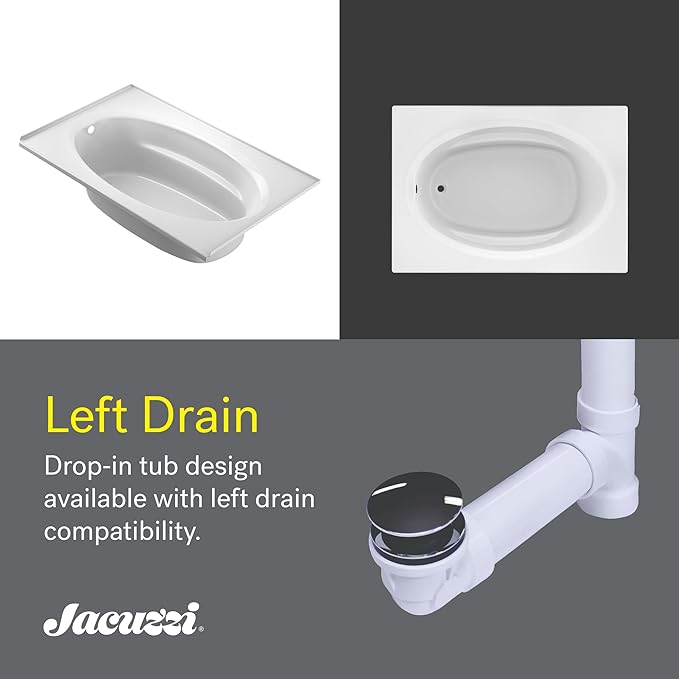 Jacuzzi SIGNATURE Acrylic Drop-In Bathtub, Heated Jet Massage Tub, Slip Resistant, Left Drain Placement, 72" (L) x 42" (W), Oval In Rectangle, White