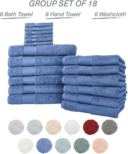 Hencely 18-Piece Bath Towel Set - High Absorbency, Quick Drying - 100% Soft Turkish Cotton - 6 Bath Towels, 6 Hand Towels, 6 Washcloths - Bathroom, Home, Hotel, Spa, and Gym - 18-Pack Blue