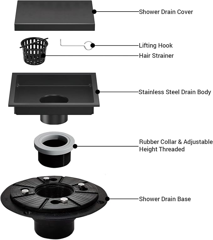6 Inch Square Shower Floor Drain, Shower Drain Kit with Flange and 2 in 1 Tile-Insert Cover, Square Shower Drain, SUS 304 Stainless Steel Floor Drain,Matte Black