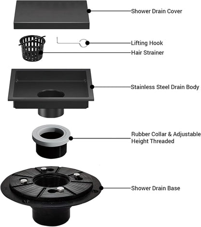 6 Inch Square Shower Floor Drain, Shower Drain Kit with Flange and 2 in 1 Tile-Insert Cover, Square Shower Drain, SUS 304 Stainless Steel Floor Drain,Matte Black