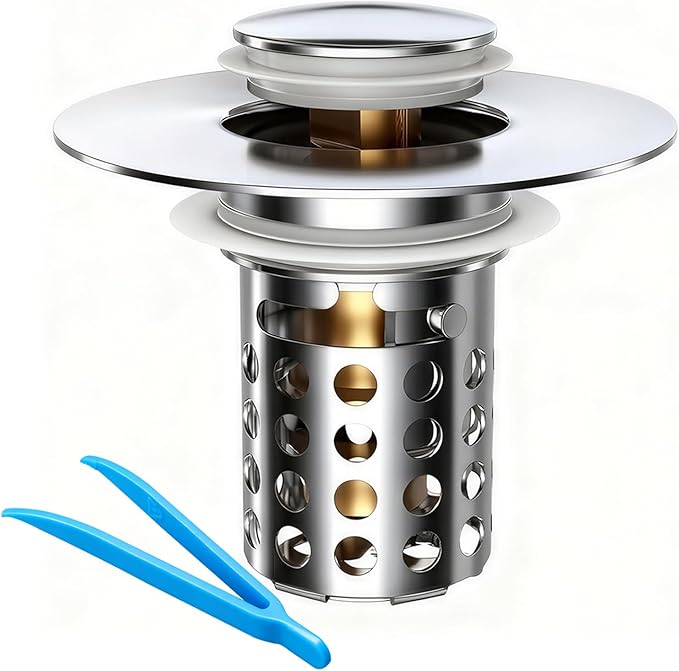Beruth Bathroom Sink Stopper Hair Catcher, 304 Stainless Steel Pop Up Drain Strainer for 1.1''~2.36'' Basin, Upgraded Silent & Odor-Proof Design, Removable Filter Basket & Easy Install（All Metal）