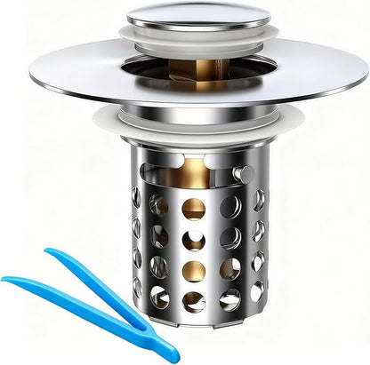 Beruth Bathroom Sink Stopper Hair Catcher, 304 Stainless Steel Pop Up Drain Strainer for 1.1''~2.36'' Basin, Upgraded Silent & Odor-Proof Design, Removable Filter Basket & Easy Install（All Metal）