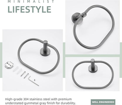 Angle Simple Swivel Towel Ring for Bathroom, SUS304 Stainless Steel Oval Hand Towel Ring Rack for Wall, Gunmetal Gray