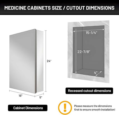 16 x 24 Medicine Cabinet Mirror for Bathroom,Assembly Required,Aluminum Alloy Frame,Recessed/Surface Mounted,Reversible L/R Door,Adjustable Shelves,Bathroom Medicine Cabinet with Mirror