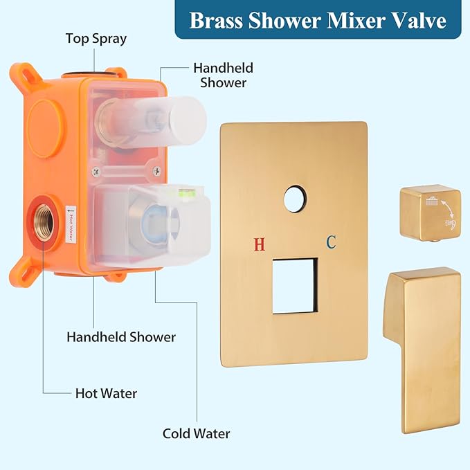 Brushed Gold Square Shower Head with Handheld Set, Rainfall Shower System Modern Wall Mounted Shower Faucet for Bathroom 10 inch (With Shower Valve)