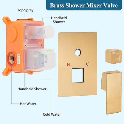 Brushed Gold Square Shower Head with Handheld Set, Rainfall Shower System Modern Wall Mounted Shower Faucet for Bathroom 10 inch (With Shower Valve)