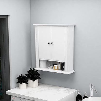 White Wall Cabinet, Over The Toilet Storage Cabinet, Bathroom Cabinet Wall Mount, 2 Doors & Hooks, Medicine Cabinet Organizer, Hanging Wall Cabinet Cupboard for Kitchen Laundry Room White
