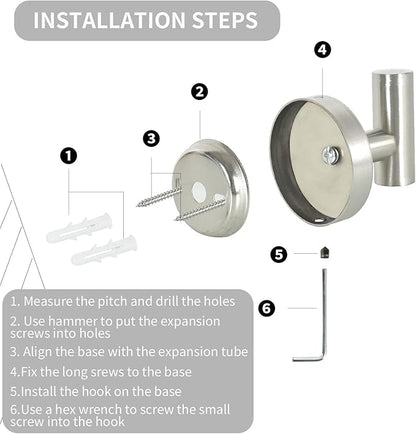 Vuzvuv 2-Pack Silver Brushed Nickel Towel Hooks, SUS304 Stainless Steel Waterproof Coat Robe Holder, Heavy Duty Wall-Mounted Hooks for Bathroom, Kitchen, Hotel (Drilling)