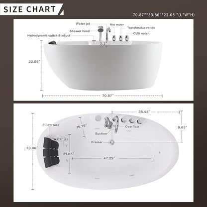 Empava 71 inch Acrylic Freestanding Tub Hydromassage Gracefully Oval Shaped Whirlpool 7 Water Jets Soaking SPA, Double-Ended Massage Bathtub with Black Pillow, Boat Shape,ETL Certified