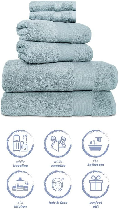 Hencely 6-Piece Bath Towel Set - High Absorbency, Quick Drying - 100% Soft Turkish Cotton - 2 Bath Towels, 2 Hand Towels, 2 Washcloths - for Bathroom, Home, Hotel, Spa, and Gym - 6-Pack Water Green