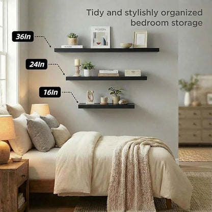 SAUMONIERES Floating Shelves Wall Shelf Solid Wood for Bathroom Bedroom Kitchen Set of 3, Black Wall Shelves