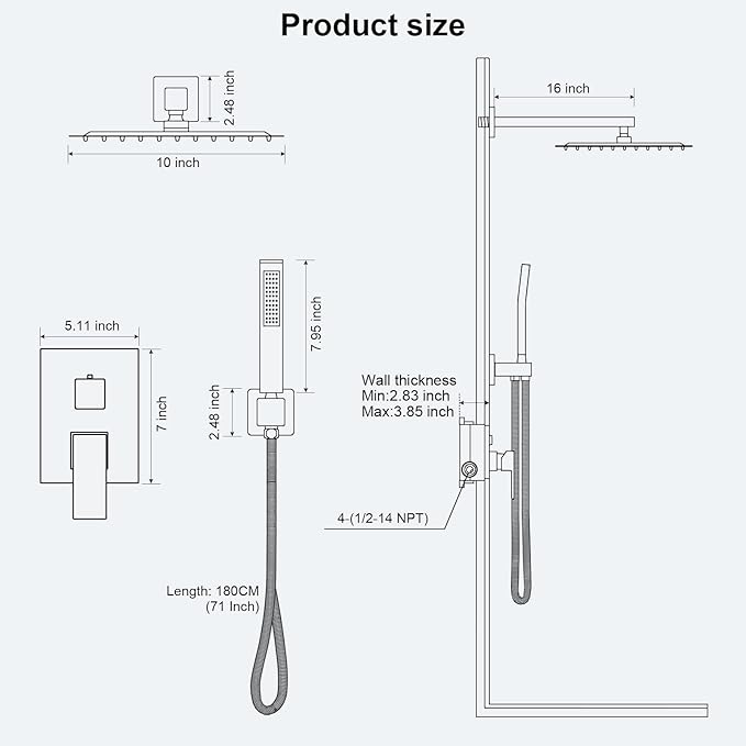 Shower Faucet Set Bathroom Square Rain Shower Head and Handle Set, Wall Mounted Shower Fixtures, Full Metal Trim Repair Kit 10 inch Brushed Nickel (With Shower Valve)