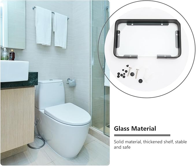 Black Bathroom Glass Shelf Bracket for Shampoo and Cosmetics Storage Floating Wall-Mounted Organizer Rack Stylish Corner Shelf for Modern Bathroom