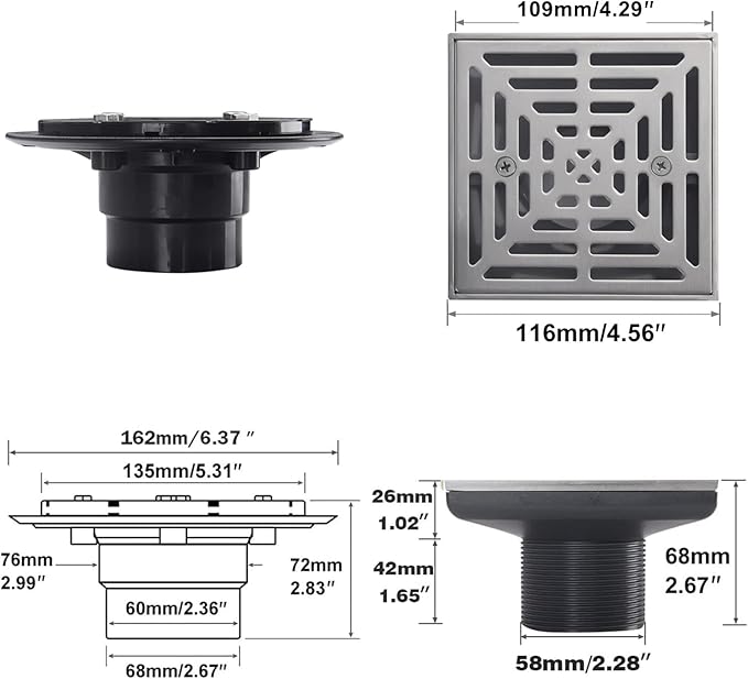 4-1/4"Square Brushed Nickel Shower Drain，Base with Adjustable Drain Flange Kit PVC,Removable Grille Strainer Drain Cover with Screws,SUS304 Stainless Steel