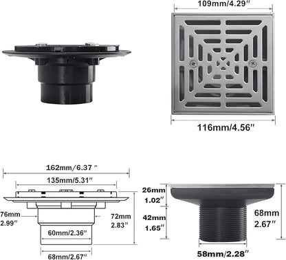 4-1/4"Square Brushed Nickel Shower Drain，Base with Adjustable Drain Flange Kit PVC,Removable Grille Strainer Drain Cover with Screws,SUS304 Stainless Steel