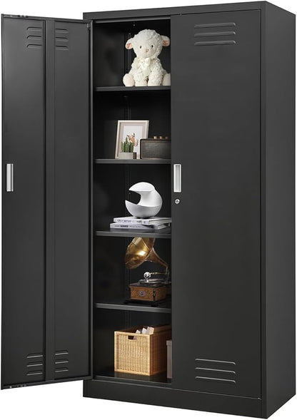 Metal Storage Cabinet with Locking Doors and Shelves, 71" Large Garage Locker with 4 Adjustable Shelves, Steel File Cabinet for Office, Garage, Home & Pantry (Black)