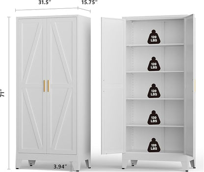 Metal Kitchen Pantry Cabinet,71" White Farmhouse Storage Cabinet with 2 Vintage Barn Doors and 4 Adjustable Shelves, Rustic Freestanding Cupboard for Kitchen,Home Office Living Room,Dining Room