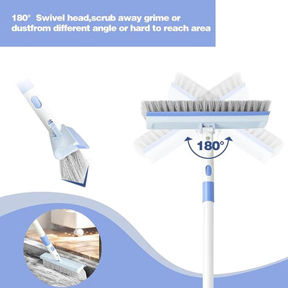 Floor Scrub Brush and V-Shape Grout Brush with Long Handle 3 in 1 Replaceable Head Scrape Brush Stiff Bristle with Swivel Head for Cleaning Tiles Hardwood Floors Patios Blue
