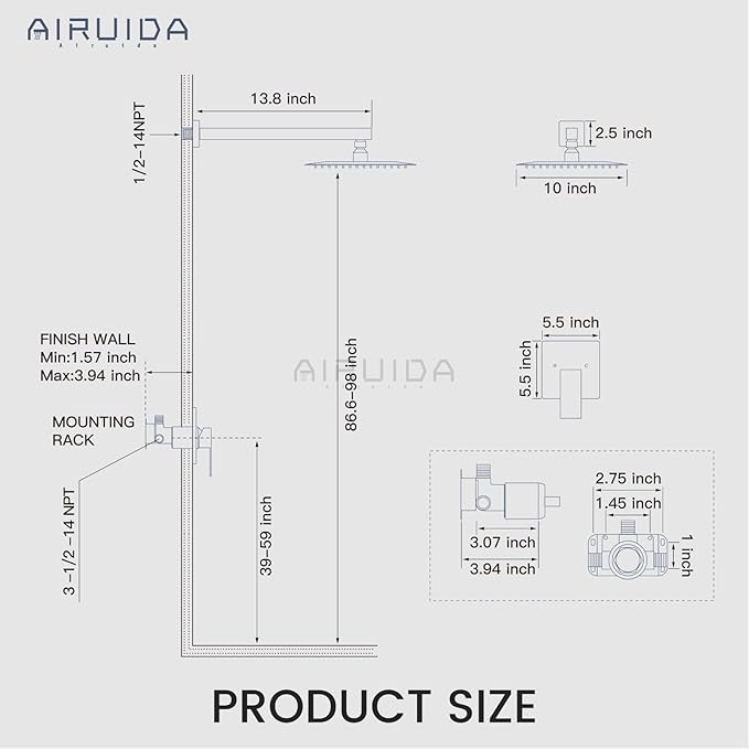 Airuida Shower Faucet Set Bathroom Rain Shower System SUS304 Stainless Steel Single Handle With Male Threads Rough-in Valve Shower Trim Kit 10 Inch Wall Mount Shower Head Brushed Gold
