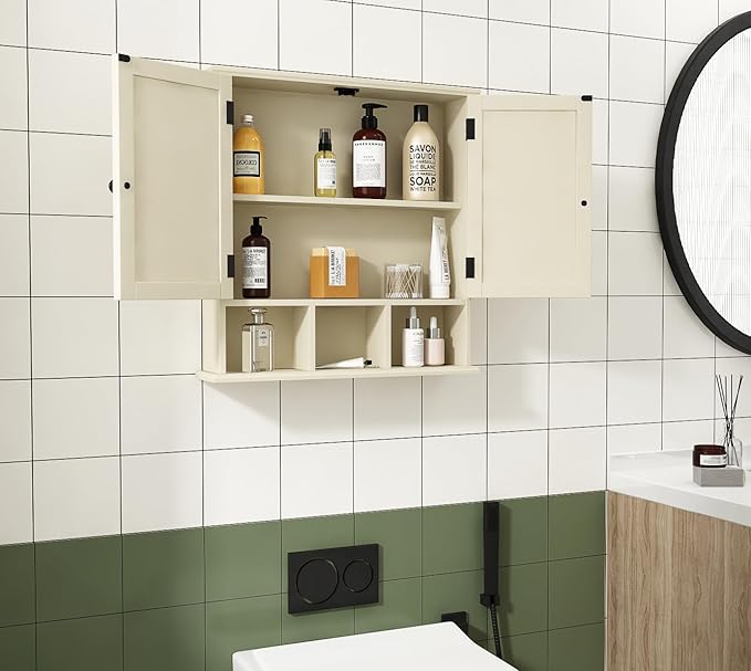 ChooChoo Bathroom Cabinet Wall Mounted 2-Door with 3 Open Shelves， Wooden Medicine Cabinets with Adjustable Shelf，Space Saver Storage Cabinets Over The Toilet for Bathroom&Living Room,Yellow