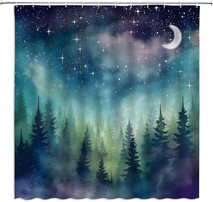 Forest Moon Shower Curtain Watercolor Misty Forest Fantasy Starry Sky Galaxy Nature Gothic Scenery Abstract Outdoor Bathroom Decor Curtains with Hooks, Purple