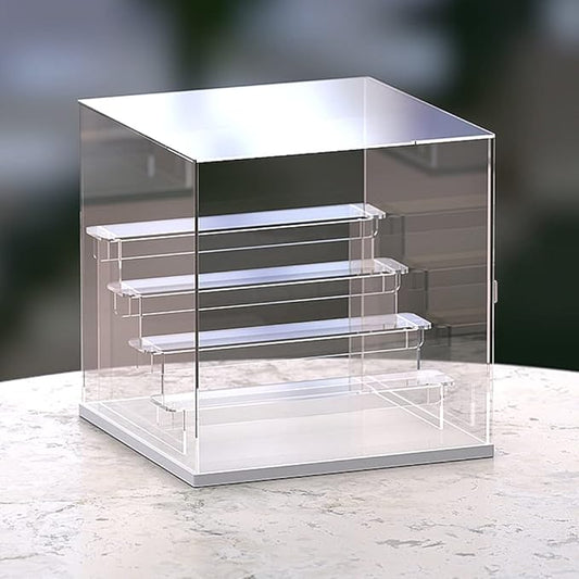 Choowin 5 Tier Clear Acrylic Display Case for Collectibles, Mini Figures, Pop Mart, Labubu, Sonny Angel, Smiski - Assemble Dustproof Acrylic Display Box with Door, Stand (White Base, Clear Step)