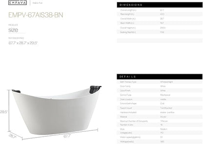 Empava Update Acrylic Whirlpool Bathtub, 67-Inch Freestanding Boat Shaped Jetted Bathtub with Healing Chromotherapy, 18 Hydromassage Jet, Double-Ended Massage Bathtub with Two Black Pillows