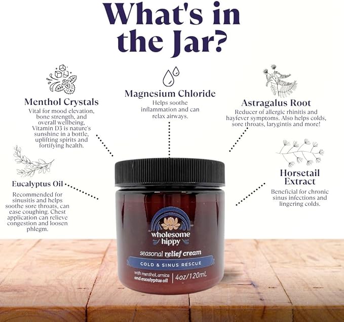 Wholesome Hippy Menthol & Eucalyptus Comfort Balm – Natural Aromatherapy Chest & Body Rub with Shea, Cocoa & Mango Butters, Peppermint & Spearmint Oils – 4oz