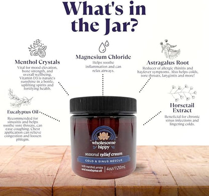 Wholesome Hippy Menthol & Eucalyptus Comfort Balm – Natural Aromatherapy Chest & Body Rub with Shea, Cocoa & Mango Butters, Peppermint & Spearmint Oils – 4oz