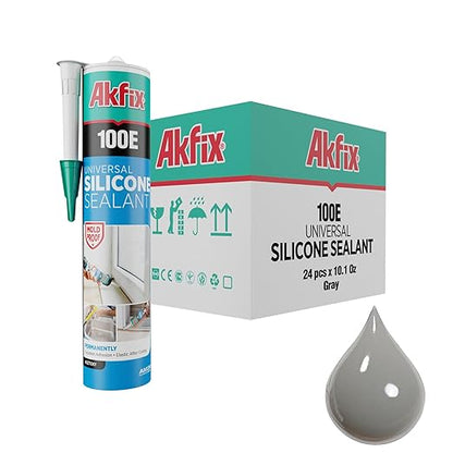Akfix 100E RTV Grey Silicone Caulk (24x10.1 fl.oz.) - 100% Waterproof Silicone Sealant for Kitchen and Bathroom, Shower, Toilet, Sink, Window and Door, No Yellowing | Grey, 24 Pack