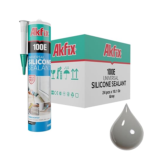 Akfix 100E RTV Grey Silicone Caulk (24x10.1 fl.oz.) - 100% Waterproof Silicone Sealant for Kitchen and Bathroom, Shower, Toilet, Sink, Window and Door, No Yellowing | Grey, 24 Pack